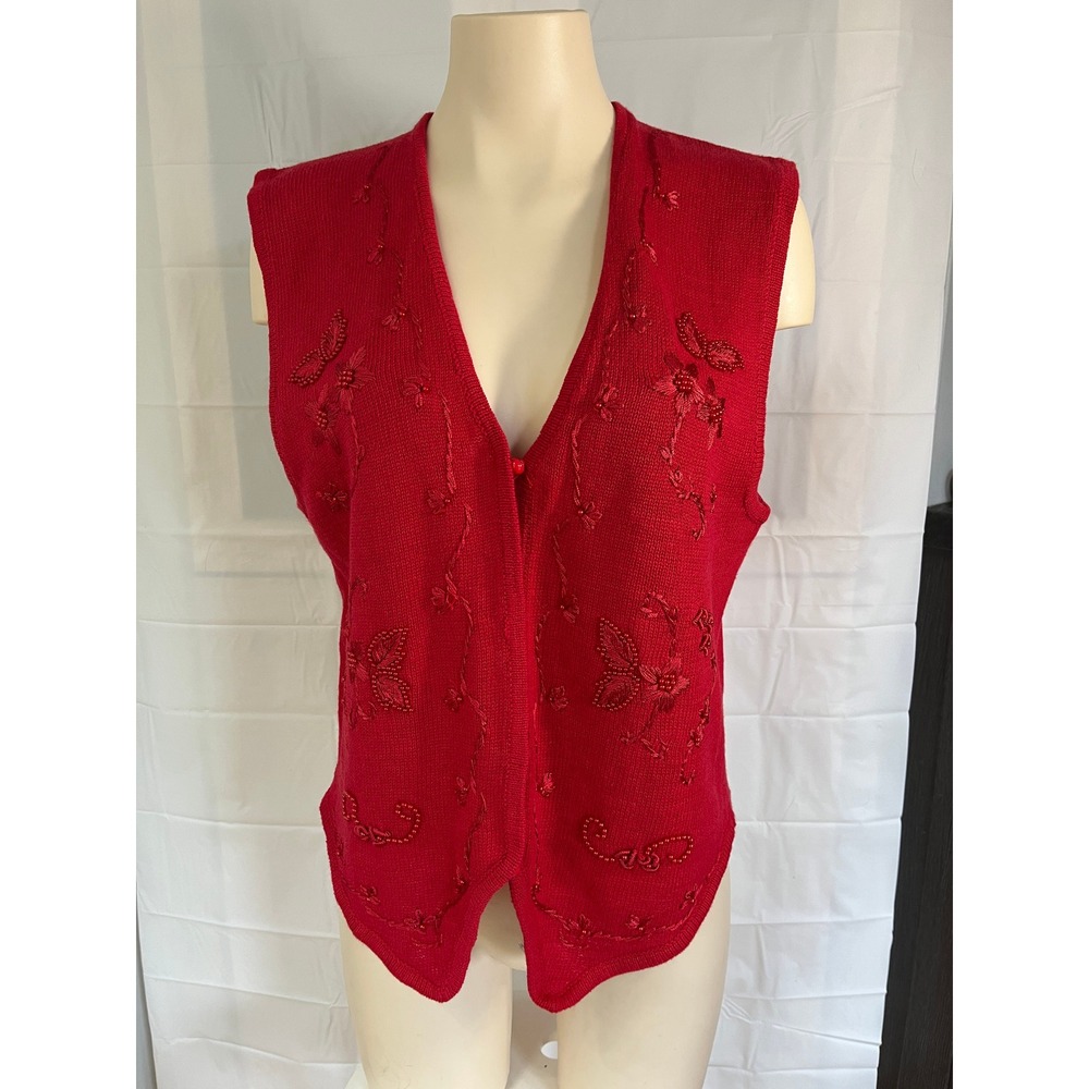 Red Knit Floral Embroidered Beaded Button Front V-Neck Vest Scalloped Hem